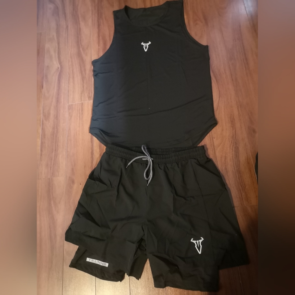 Brand New Men's Black Gym Set Compression Two Layer Shorts And Tank Top